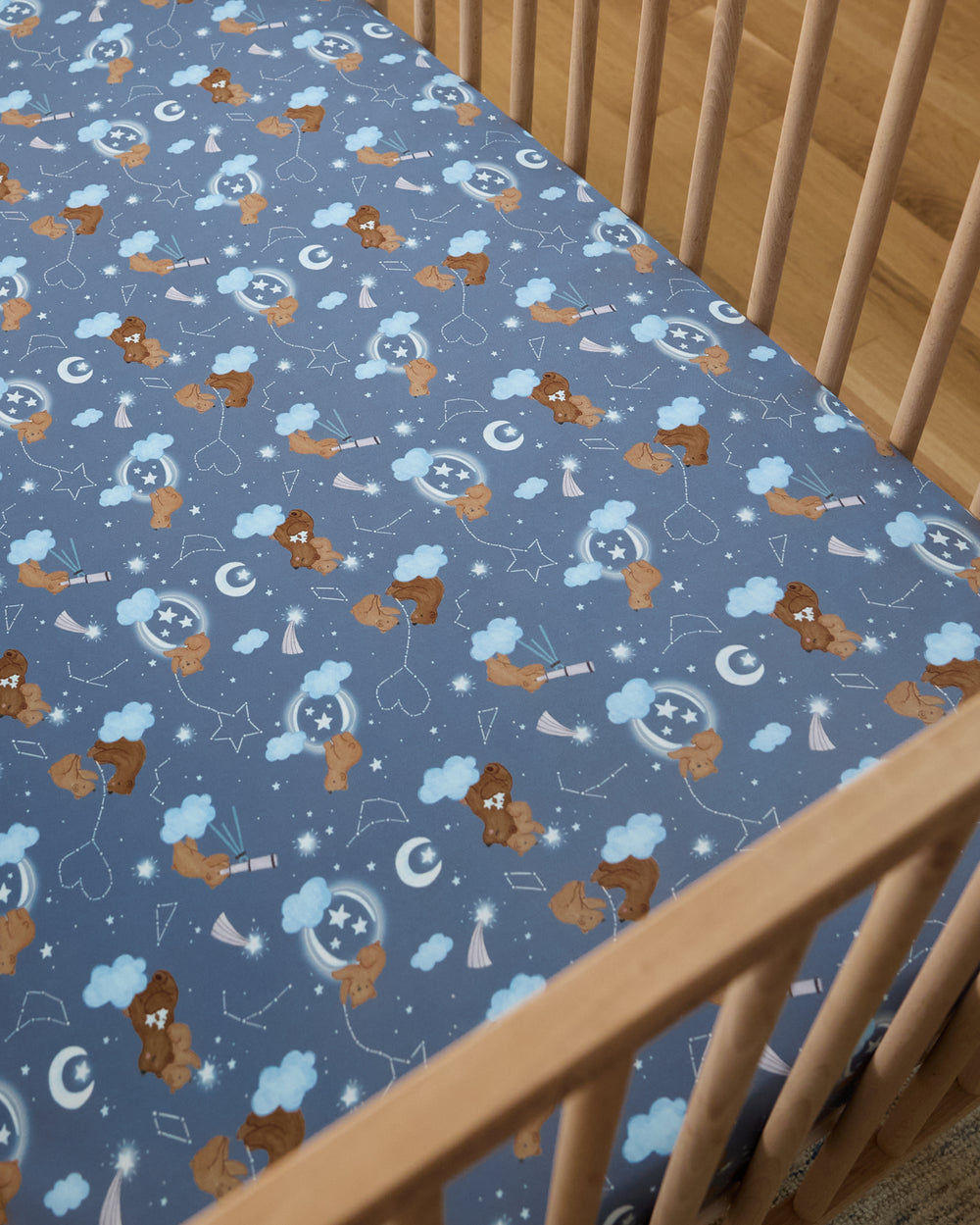 Overhead view of the Constellation Cubs Fitted Crib Sheet
