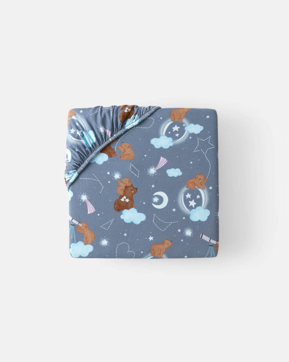 Flat lay of the Mini Constellation Cubs Fitted Crib Sheet