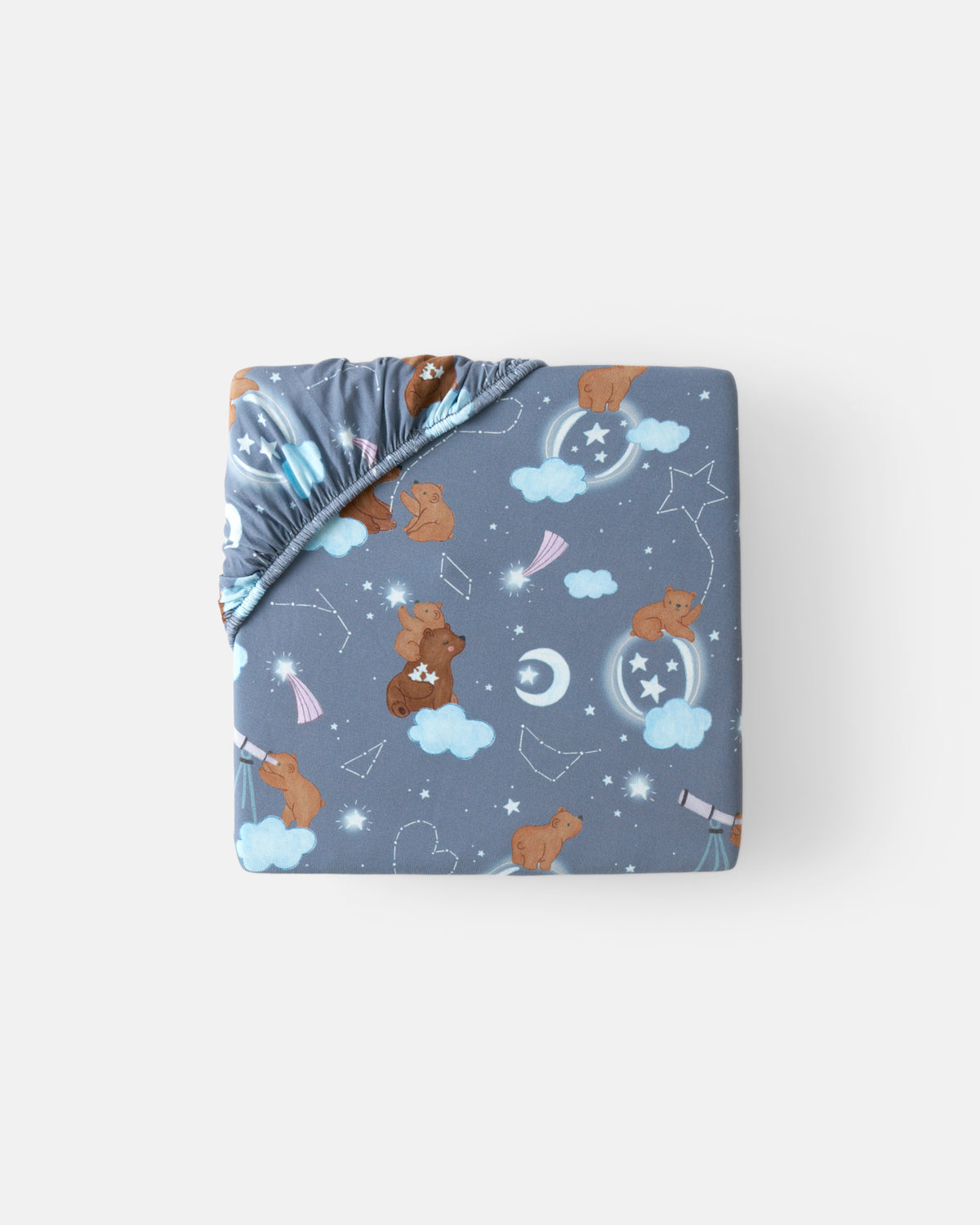 Flat lay of the Mini Constellation Cubs Fitted Crib Sheet