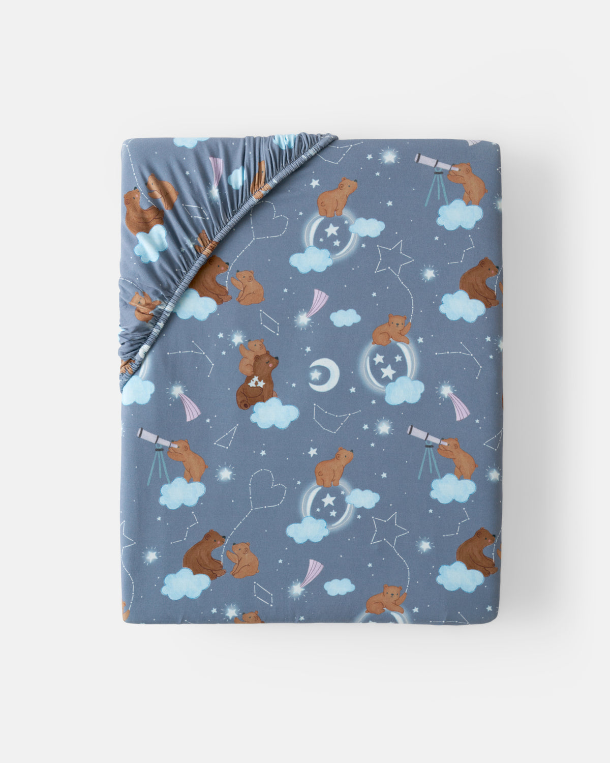 Flat lay of the Standard Constellation Cubs Fitted Crib Sheet
