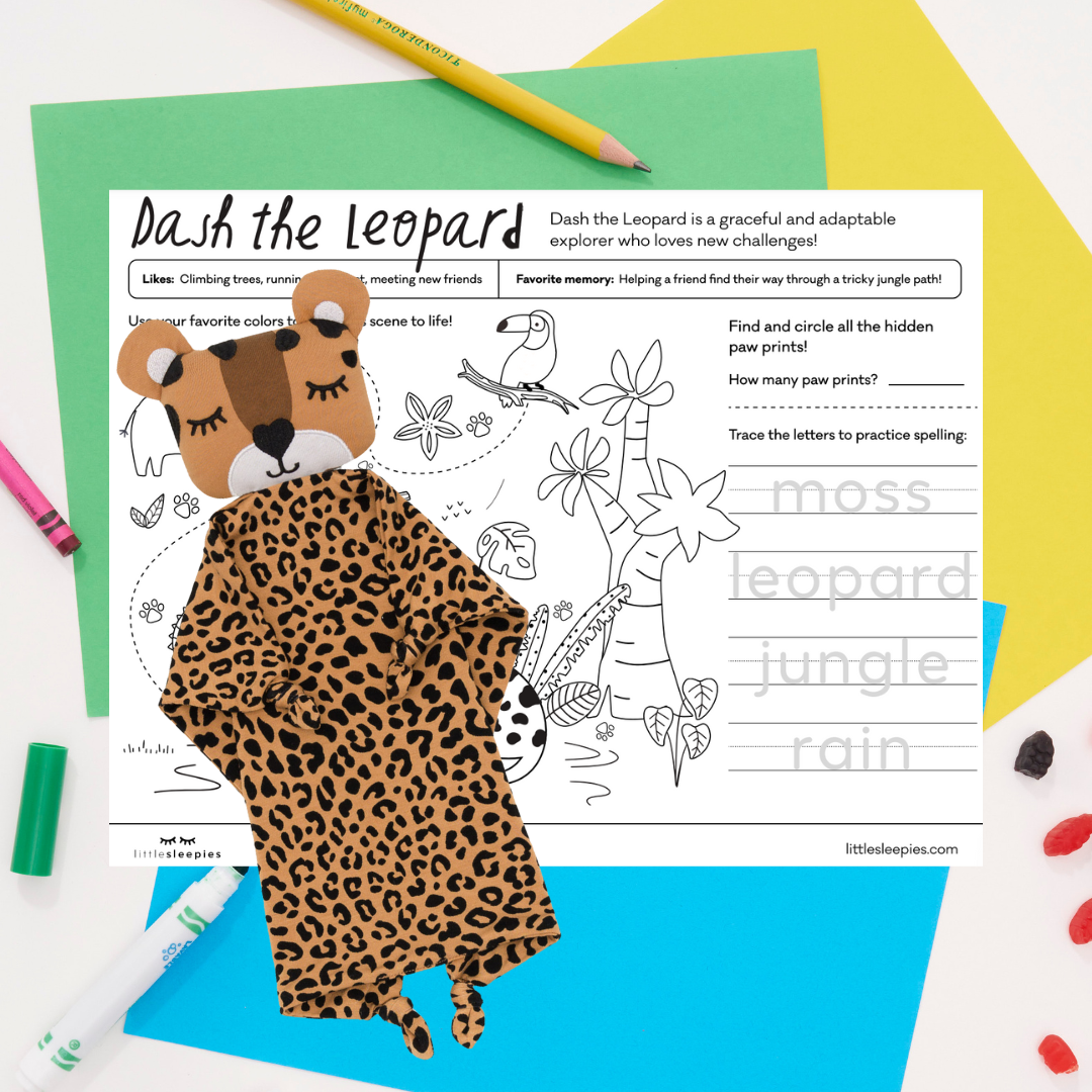 flat lay image of Dash the leopard free printable pdf and Dash the sleepyhead lovey