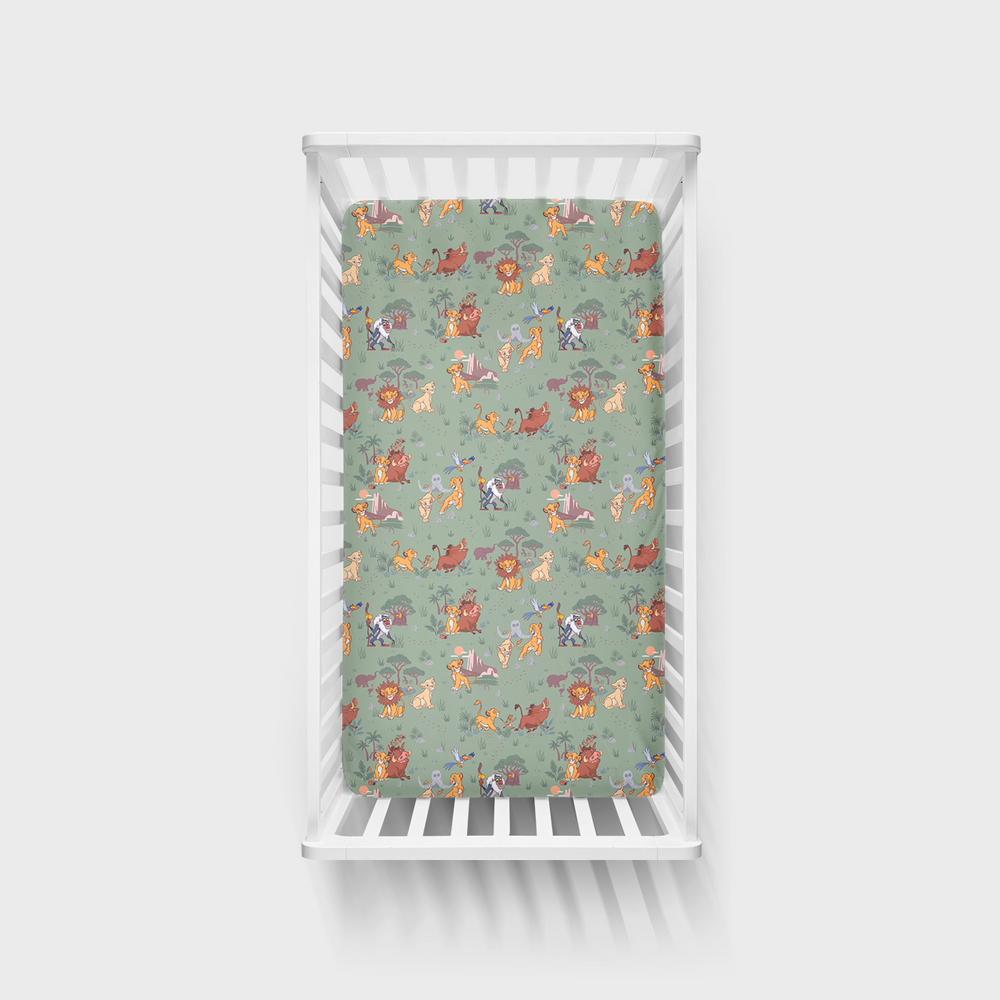 Overhead view of the Disney Simba's Safari Fitted Crib Sheet