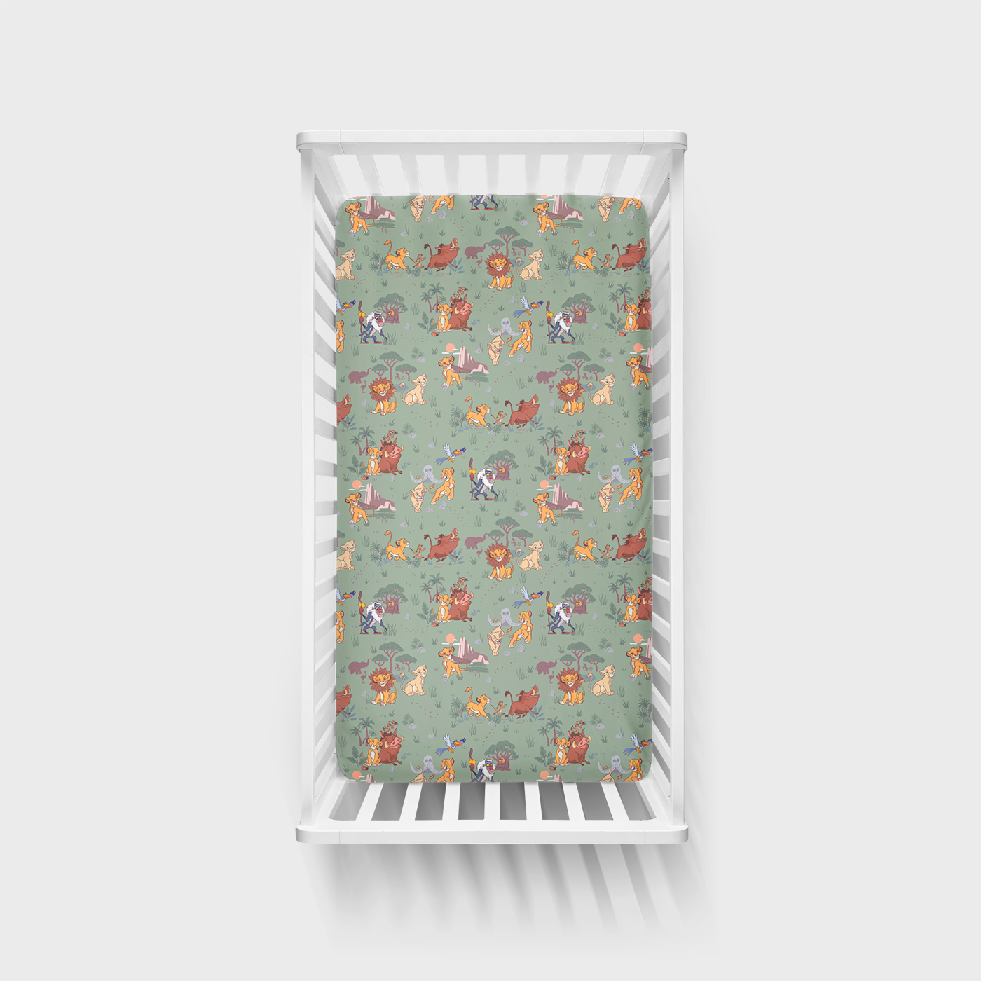 Overhead view of the Disney Simba's Safari Fitted Crib Sheet