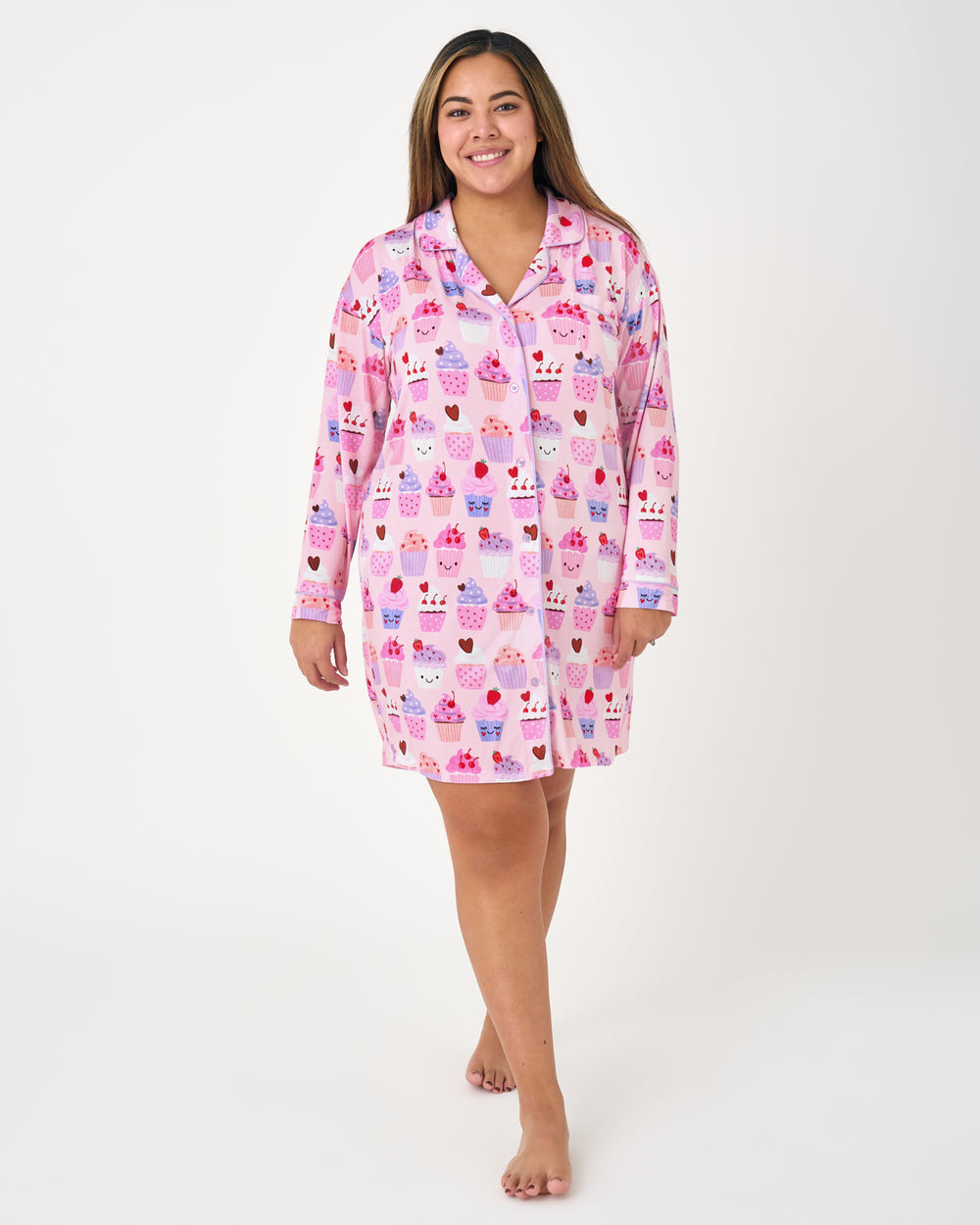 Woman wearing the Cupcake Kisses Women's Sleep Shirt