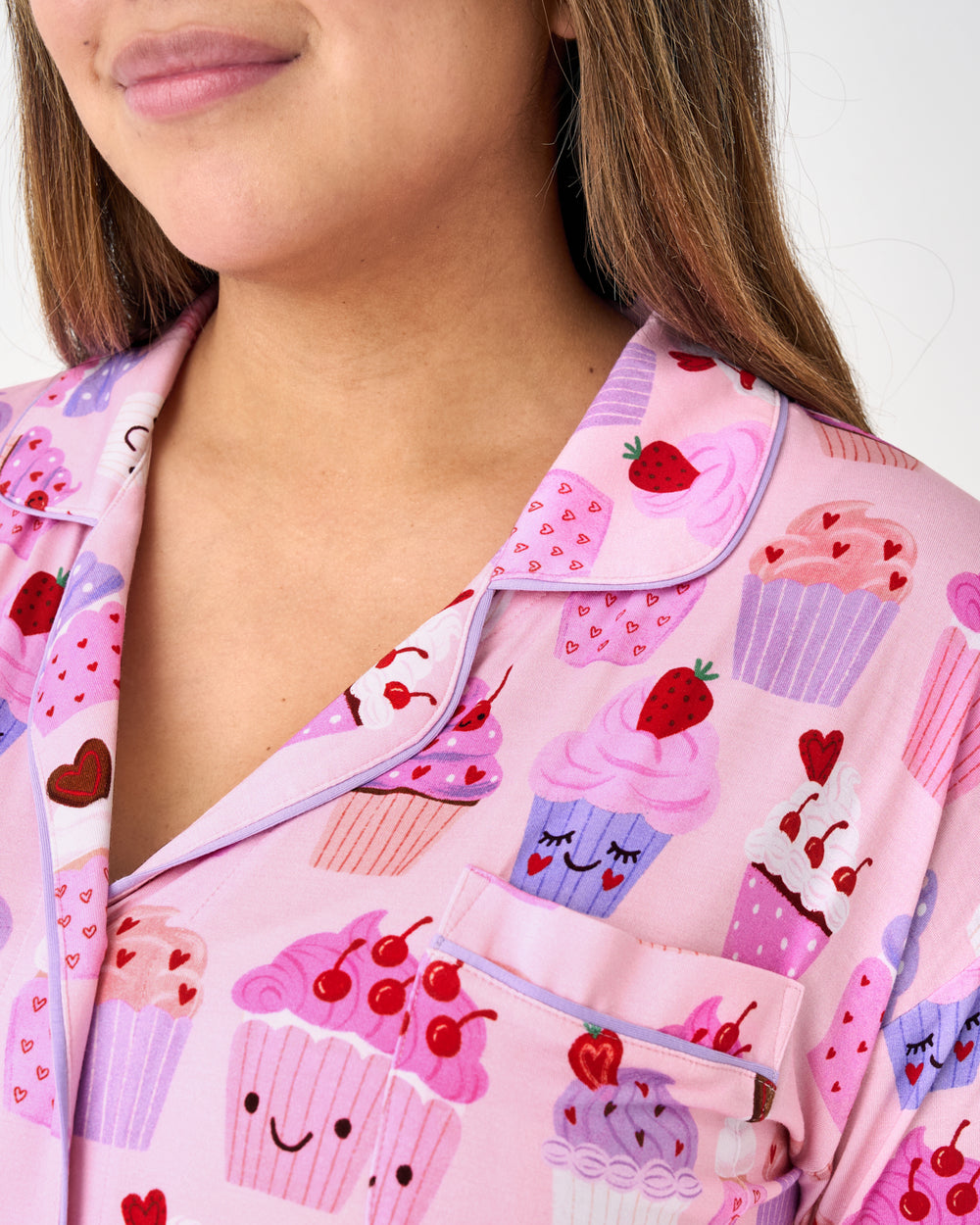 Close up of the collar detail on the Cupcake Kisses Women's Sleep Shirt