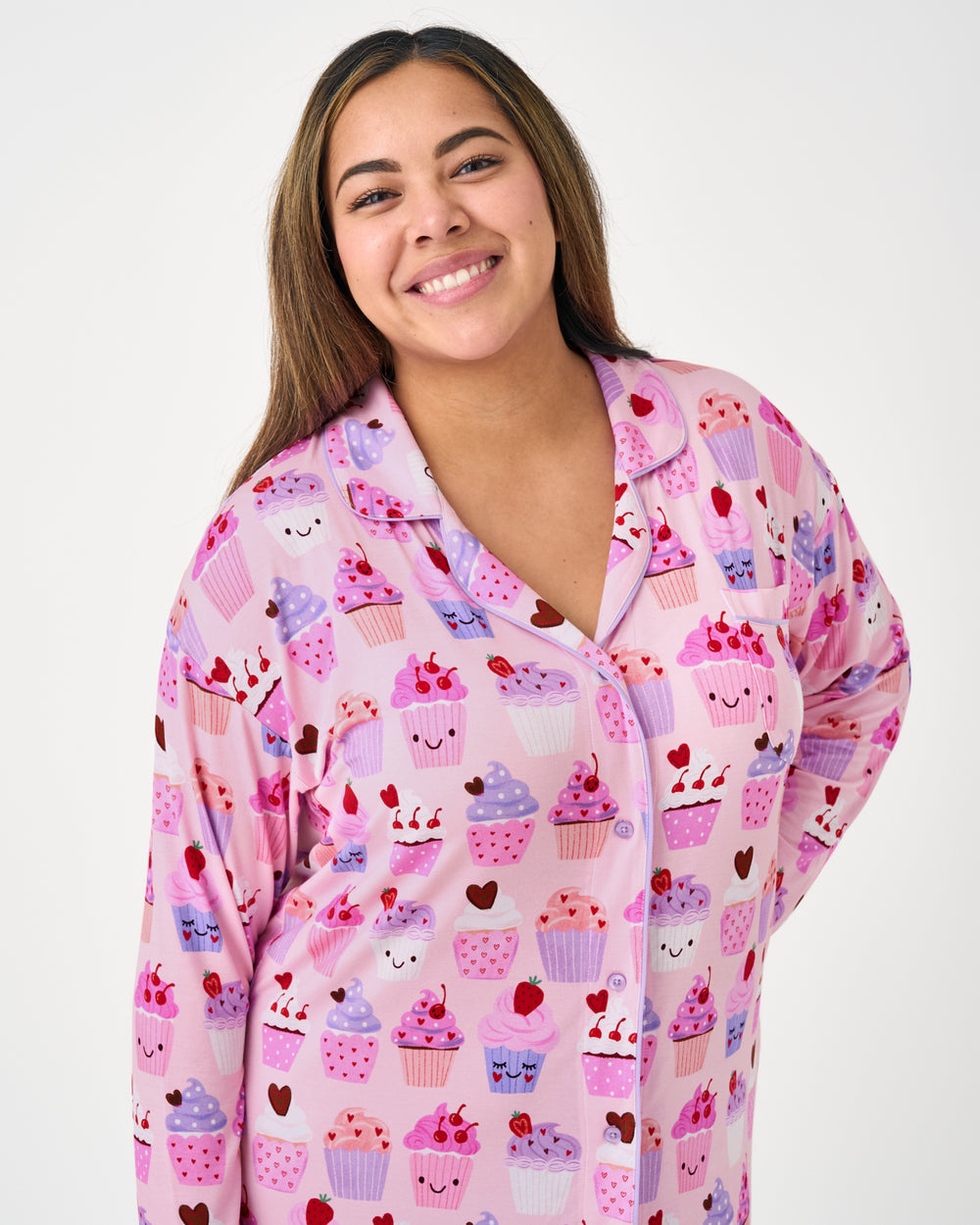Close up of woman wearing the Cupcake Kisses Women's Sleep Shirt