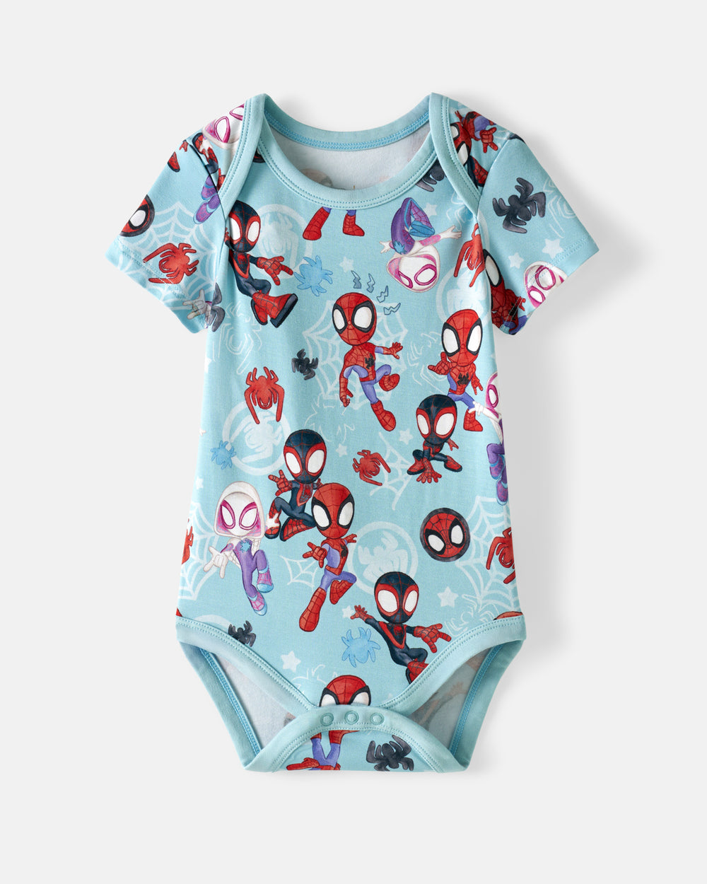 Flat lay of the Spidey & Friends Tiny Webs Short Sleeve Bodysuit