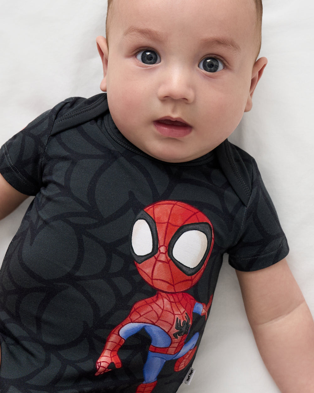 Close up of baby wearing the Spidey & Friends Spidey Short Sleeve Bodysuit