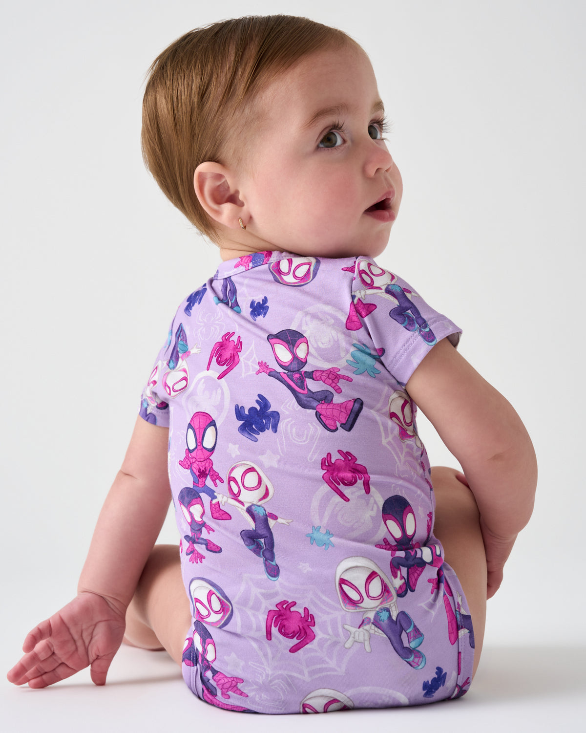 Back view of baby wearing the Spidey & Friends Tiny Webs Short Sleeve Bodysuit