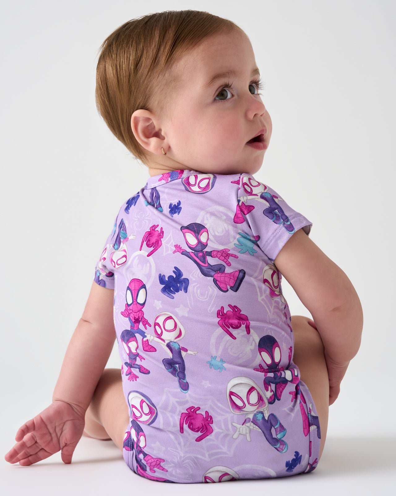 Back view of baby wearing the Spidey & Friends Tiny Webs Short Sleeve Bodysuit
