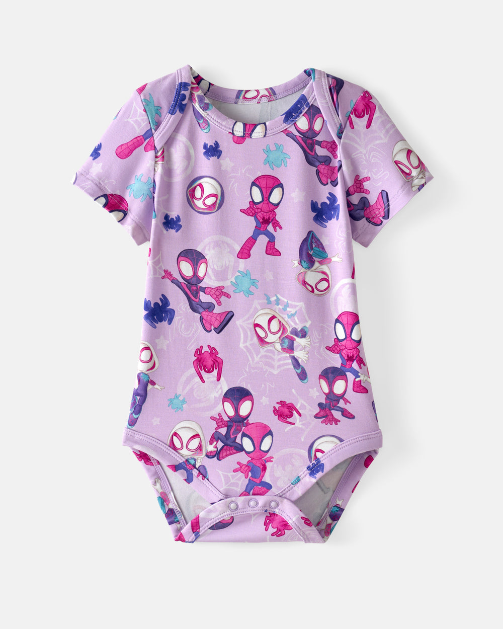 Flat lay of the Spidey & Friends Tiny Webs Short Sleeve Bodysuit