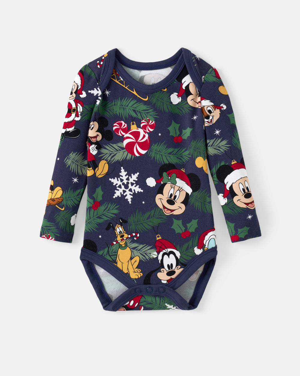 A long-sleeve baby bodysuit featuring a festive Christmas print with Mickey Mouse, Goofy, Pluto, pine trees, candy canes, snowflakes, and Santa hats on a dark navy background.