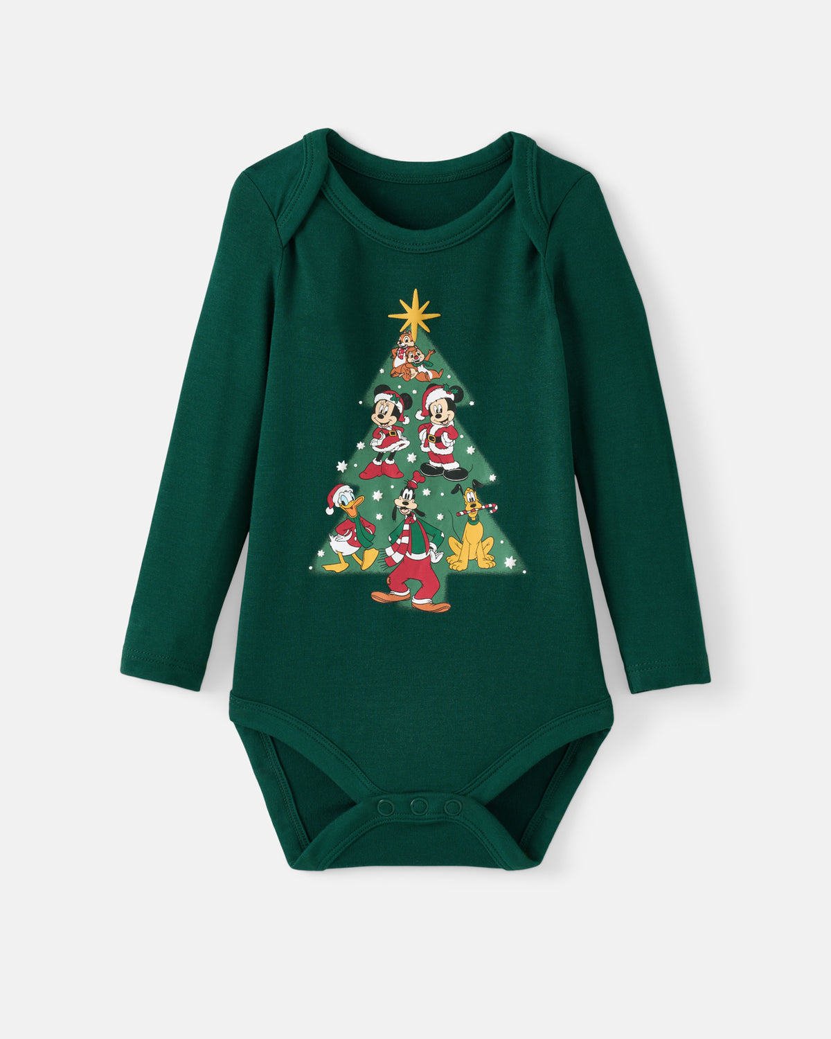 A dark green long-sleeve baby bodysuit featuring a colorful graphic of Disney characters decorating a Christmas tree, shown against a light gray background.