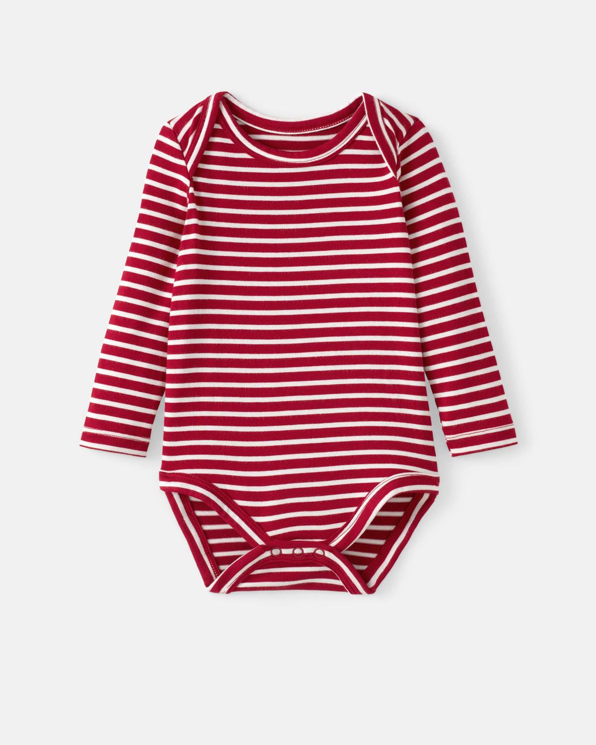 A long-sleeve baby bodysuit with horizontal red and white stripes, laid flat on a light gray background.
