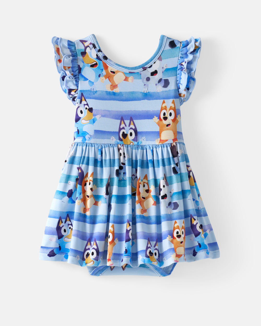 Flat lay of the Bluey Dance All Day Flutter Skater Dress with Bodysuit