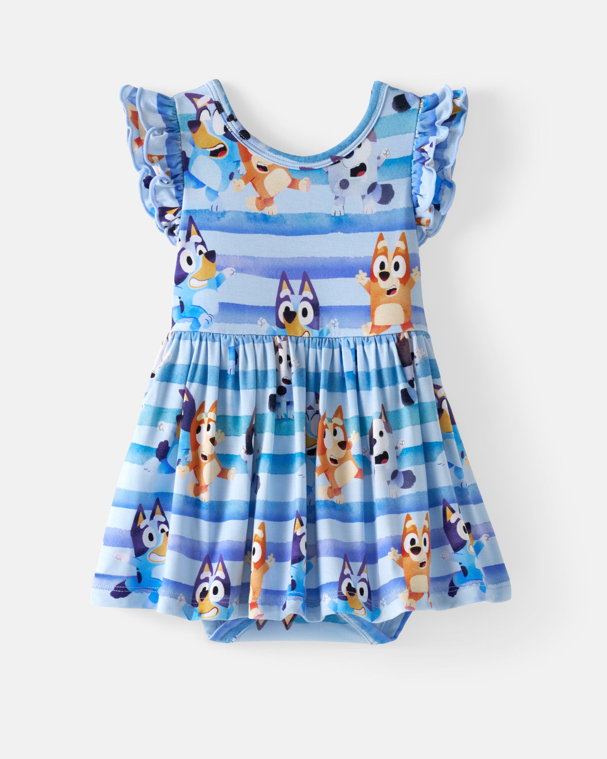 Flat lay of the Bluey Dance All Day Flutter Skater Dress with Bodysuit