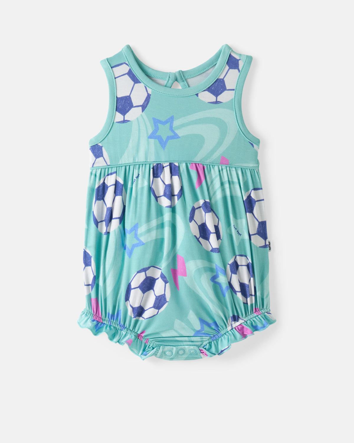 Flat lay of the front of the Aqua Soccer Stars Bubble Romper