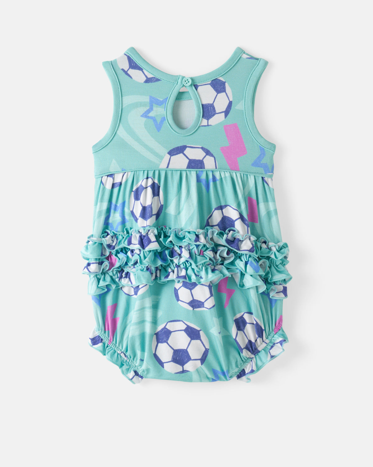 Flat lay of the back of the Aqua Soccer Stars Bubble Romper