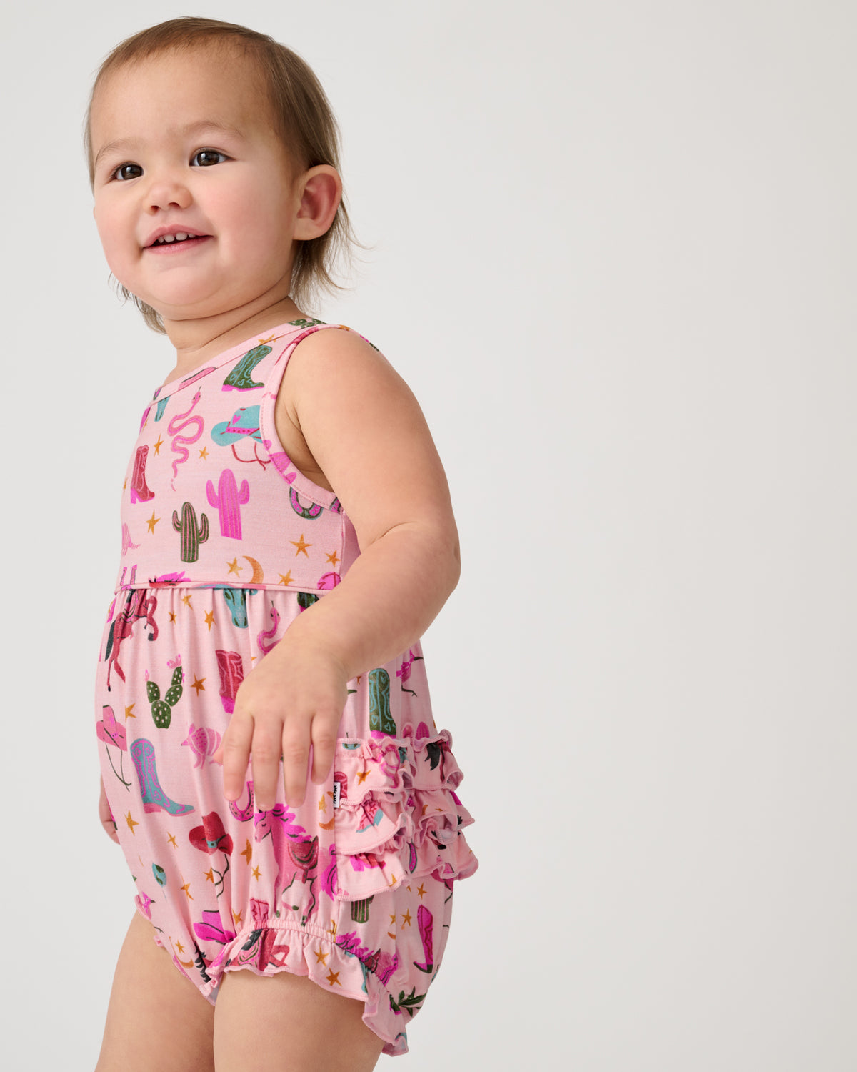 Alternate of standing toddler wearing the Pink Rancher Roundup Bubble Romper