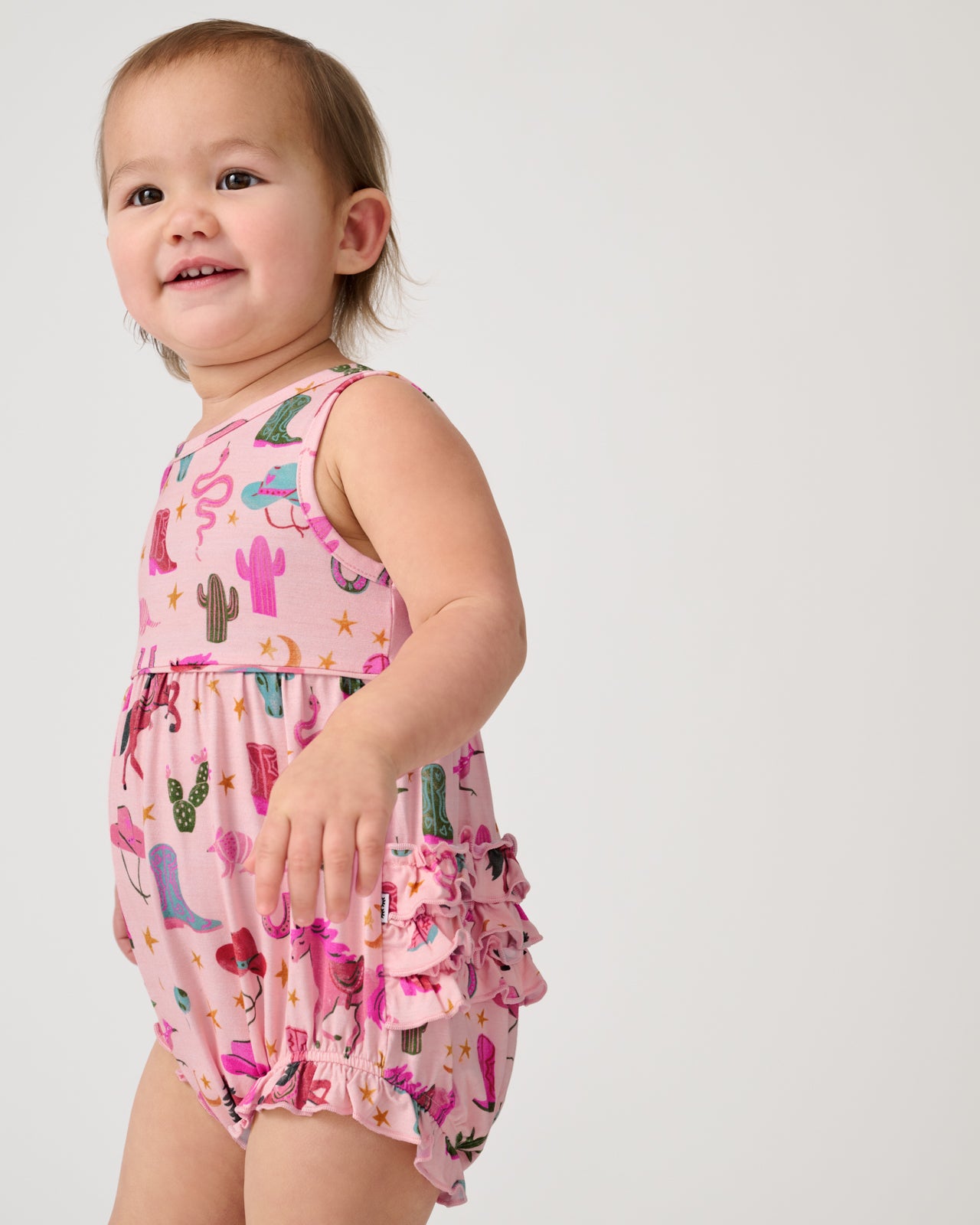 Alternate of standing toddler wearing the Pink Rancher Roundup Bubble Romper