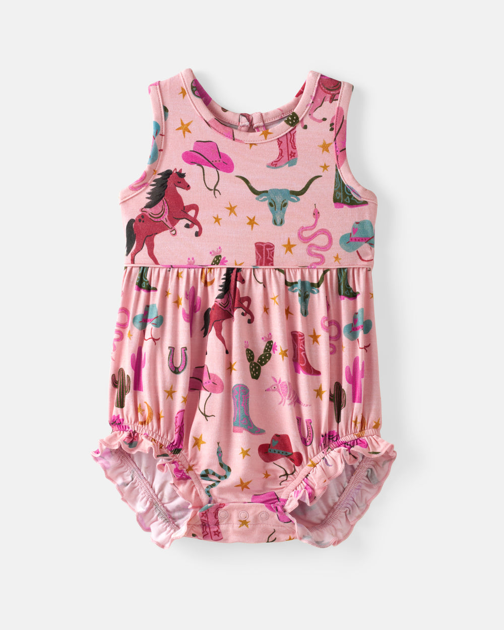 Flat lay of the front of the Pink Rancher Roundup Bubble Romper