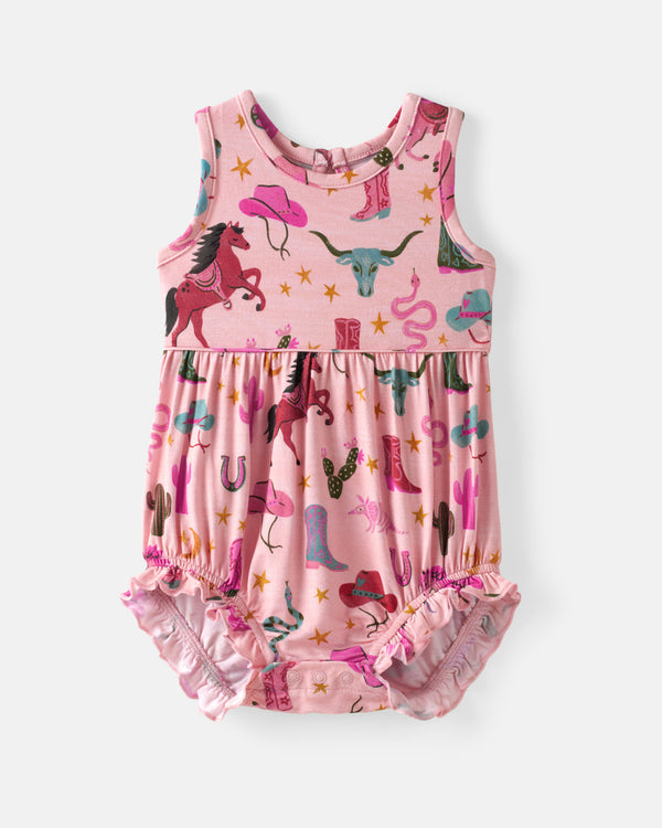Flat lay of the front of the Pink Rancher Roundup Bubble Romper