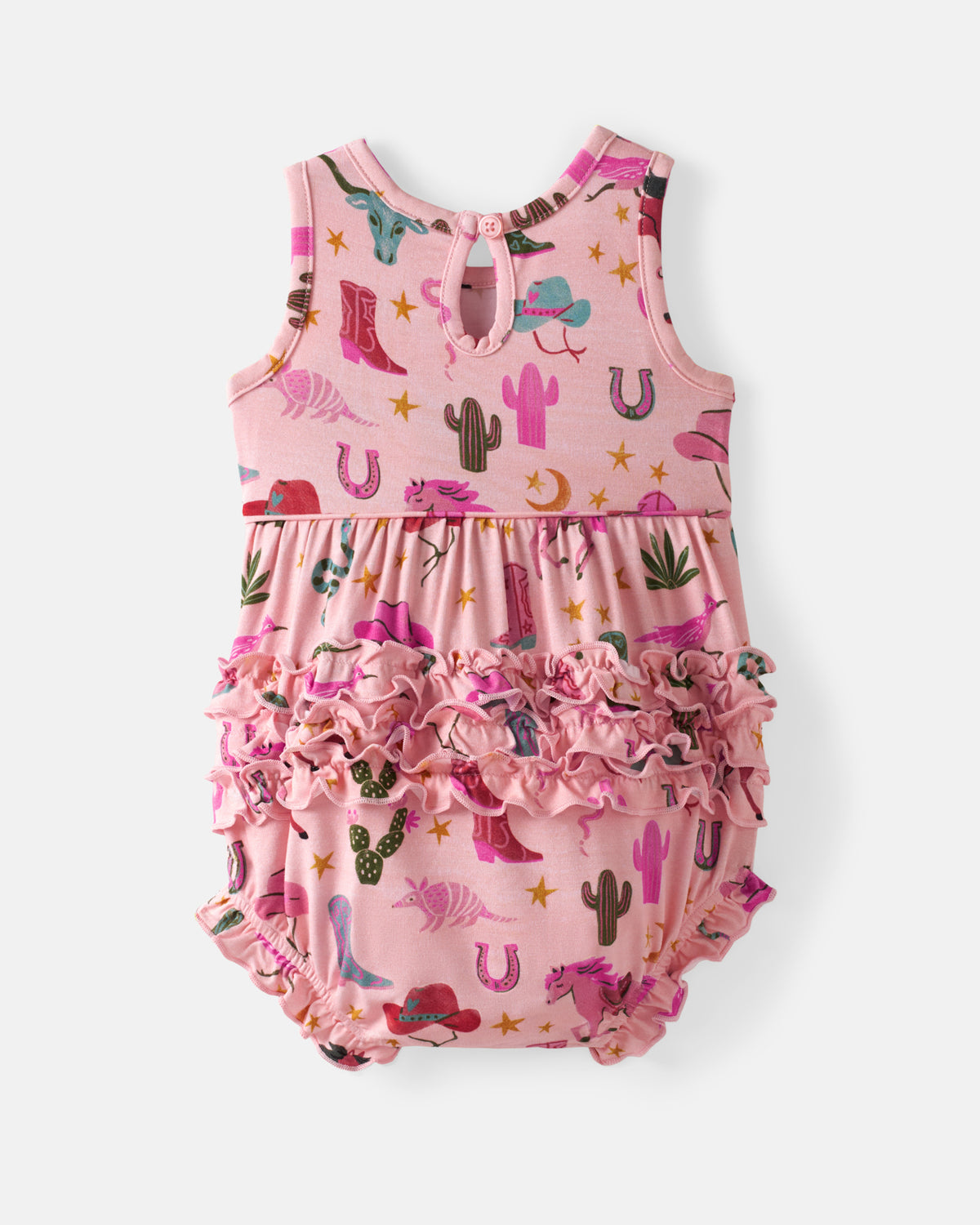 Flat lay of the back of the Pink Rancher Roundup Bubble Romper