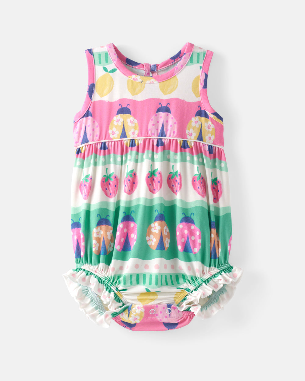 Flat lay of the front of the Ladybug Lane Bubble Romper