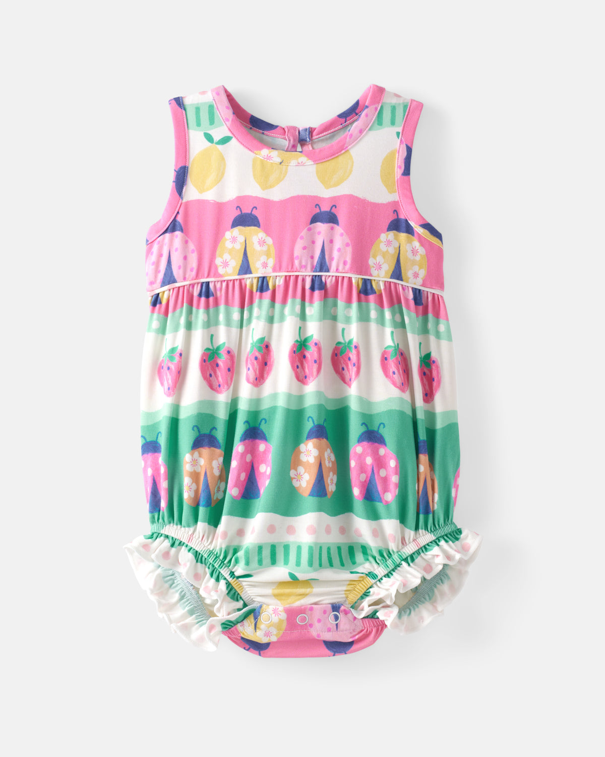 Flat lay of the front of the Ladybug Lane Bubble Romper