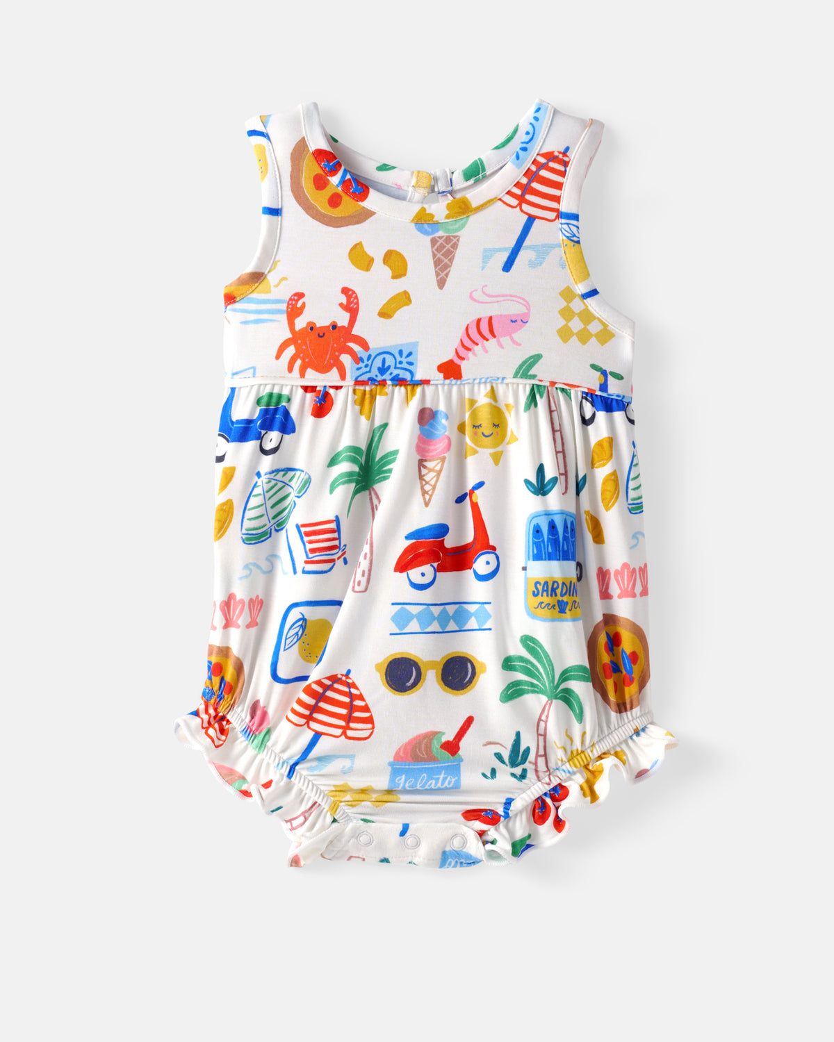 Flat lay of the front of the Ciao Bella Bubble Romper