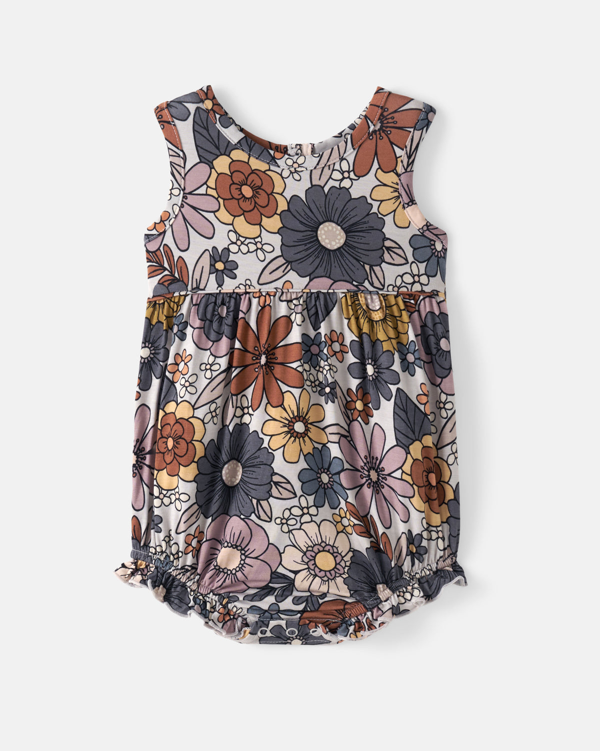 Flat lay of the Wildwood Floral Bubble Romper