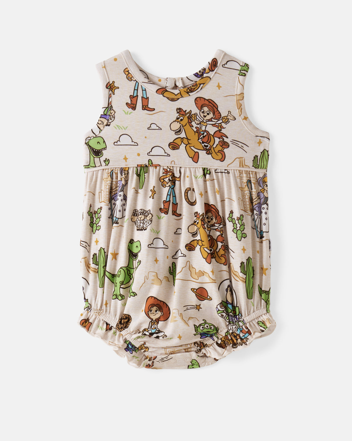 Flat lay of the front of the Disney & Pixar Woody's Wild West Bubble Romper