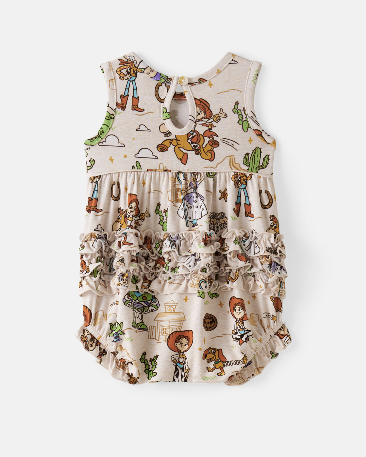 Flat lay of the back of the Disney & Pixar Woody's Wild West Bubble Romper