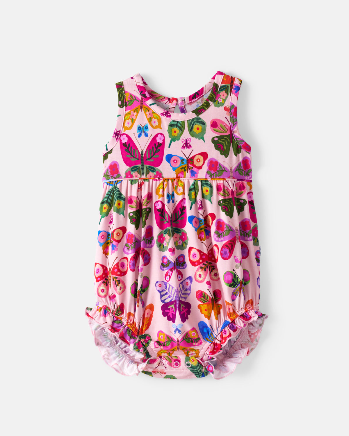 Flat lay of the front of the Flutter Garden Bubble Romper
