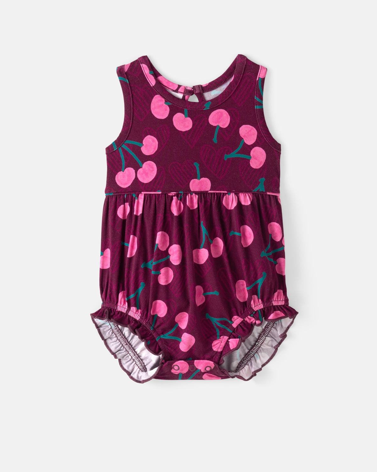 Flat lay of the front of the Cherry Charm Bubble Romper