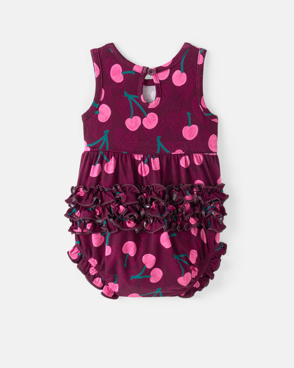 Flat lay of the back of the Cherry Charm Bubble Romper
