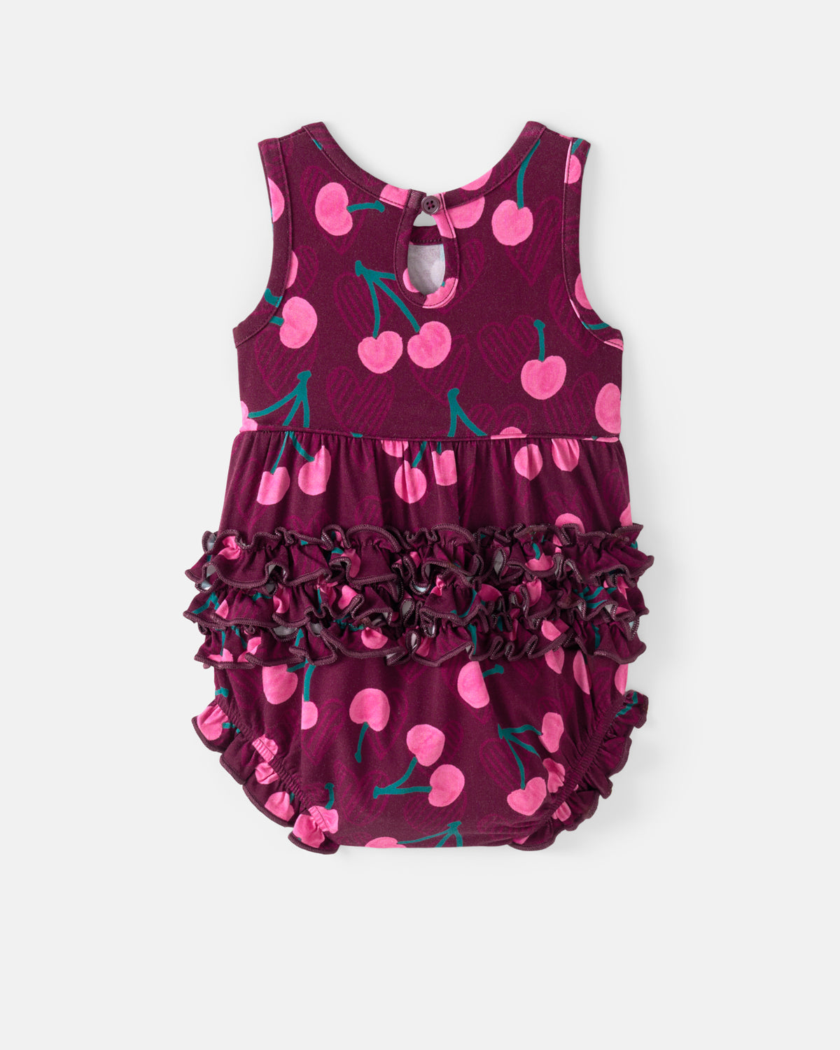 Flat lay of the back of the Cherry Charm Bubble Romper
