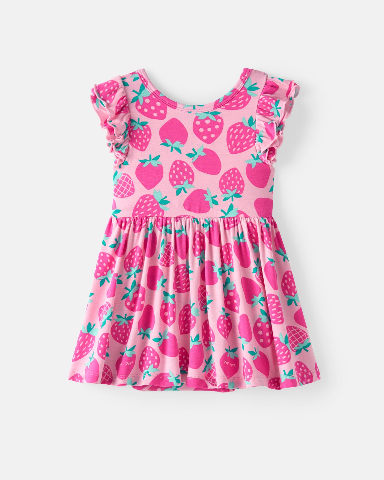 Flat lay of the Sweet Strawberries Flutter Twirl Dress with Bodysuit