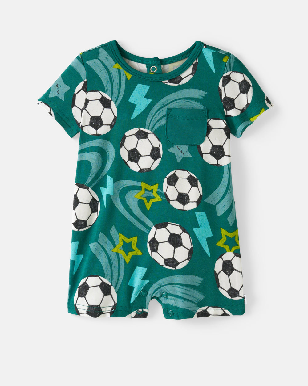 Flat lay of the Soccer Stars Pocket Shorty Romper