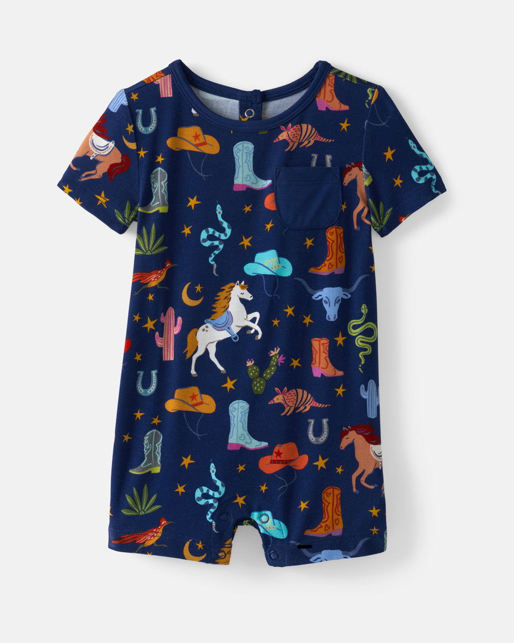 Flat lay of the Blue Rancher Roundup Pocket Shorty Romper