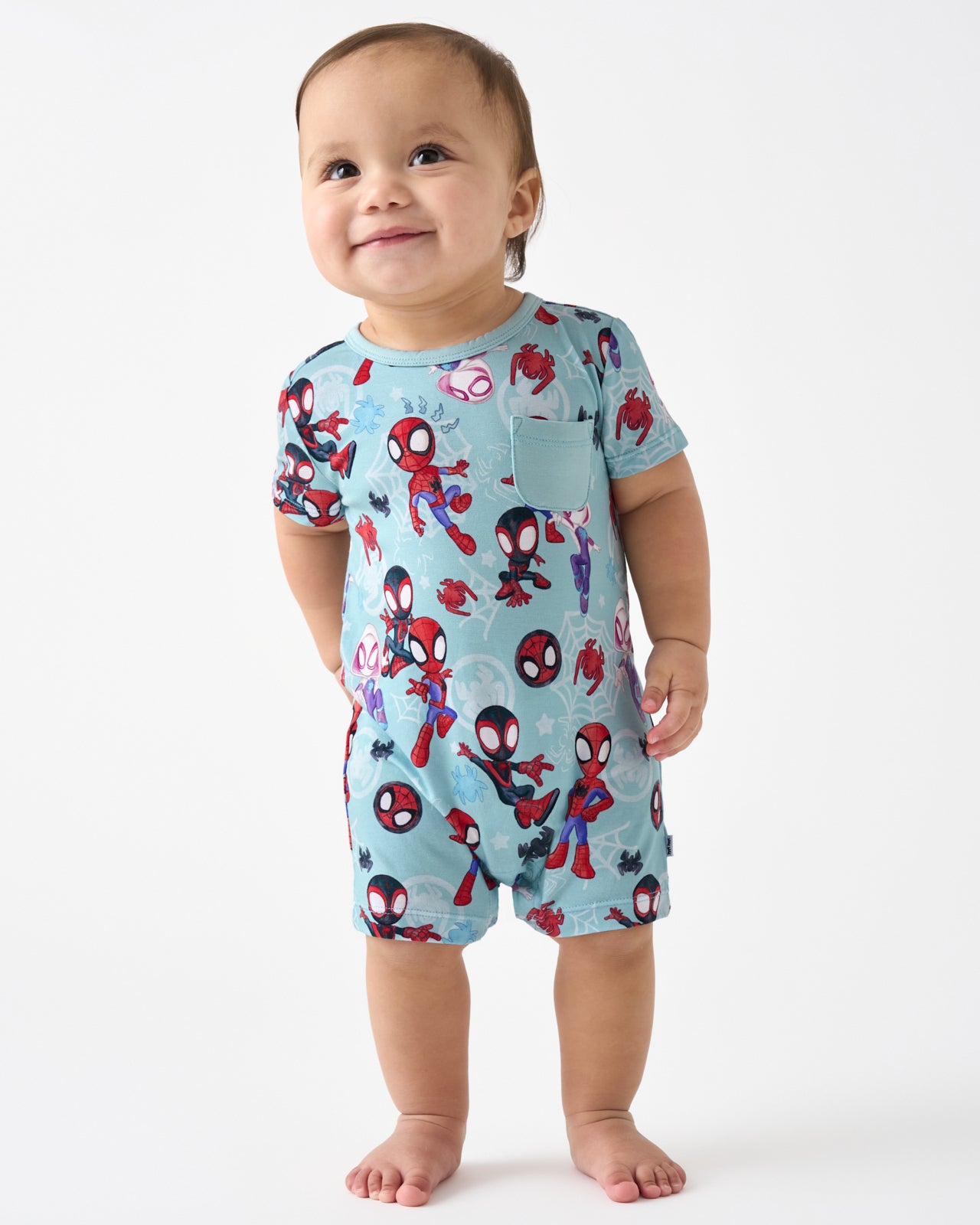 Standing toddler wearing the Spidey & Friends Tiny Webs Pocket Shorty Romper