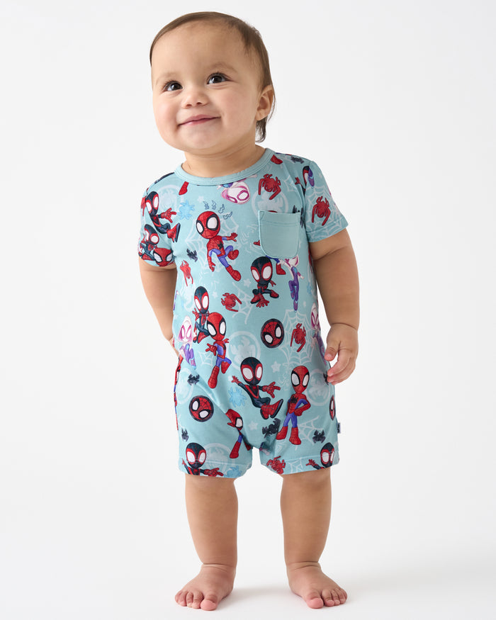 Standing toddler wearing the Spidey & Friends Tiny Webs Pocket Shorty Romper