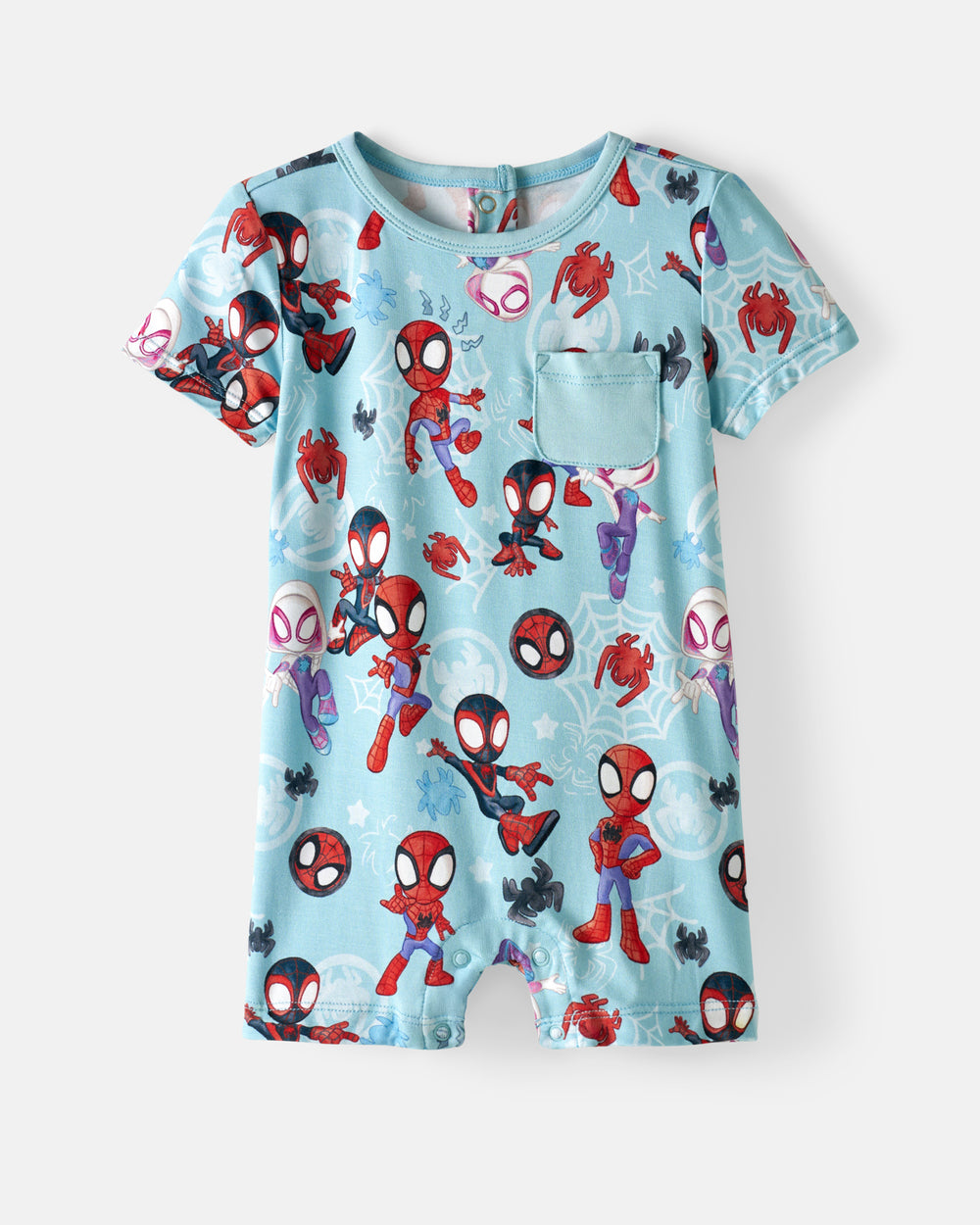 Flat lay of the Spidey & Friends Tiny Webs Pocket Shorty Romper