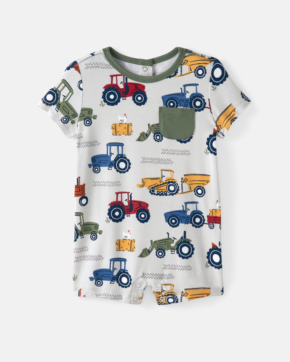 Flat lay of the Tractor Tales Pocket Shorty Romper