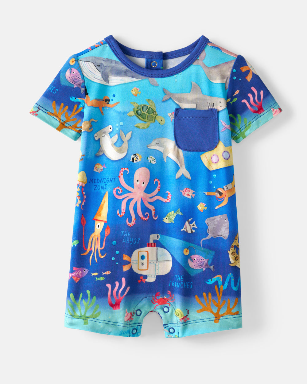 Flat lay of the Underwater Discovery Pocket Shorty Romper