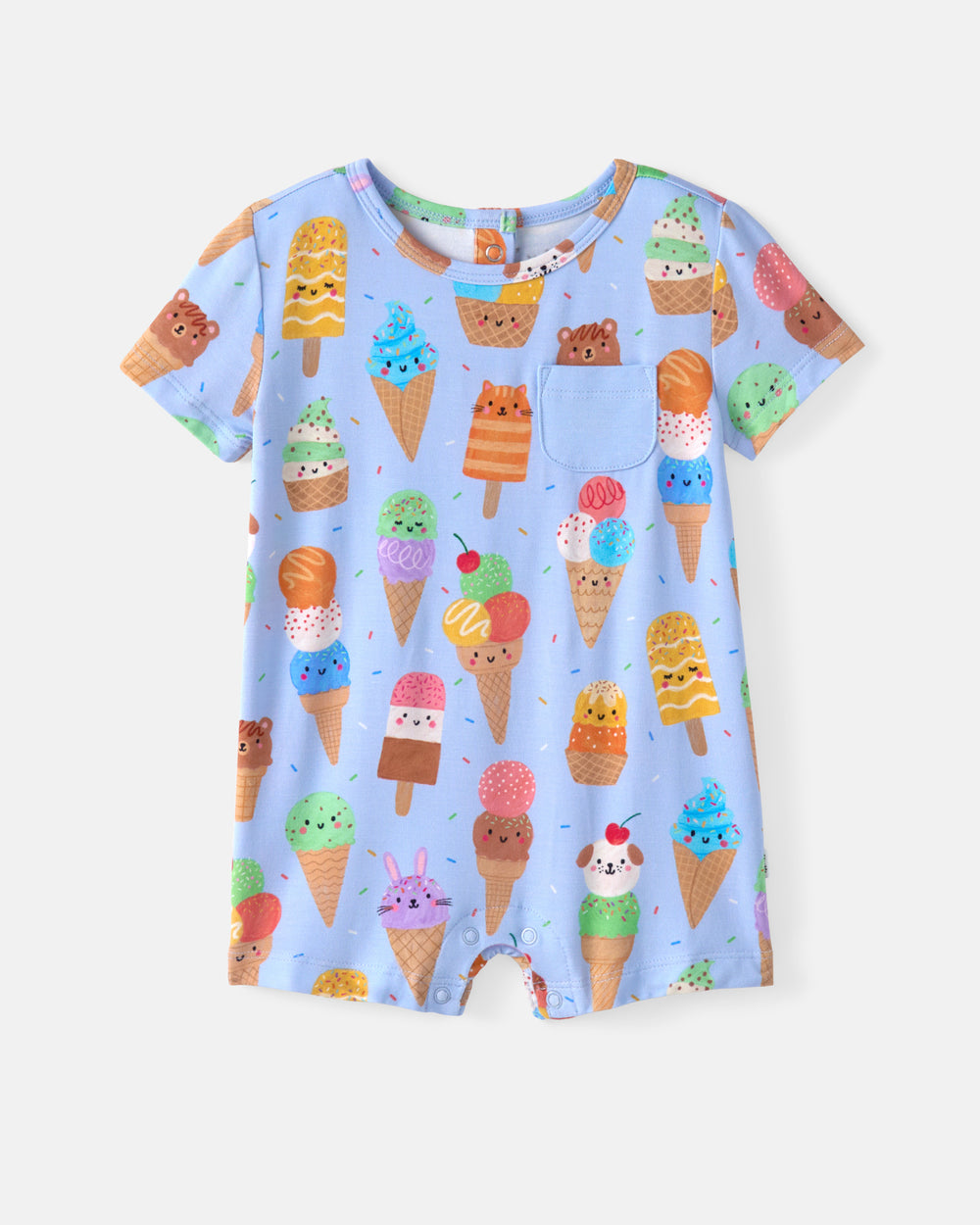 Flat lay of the Scoop Squad Pocket Shorty Romper