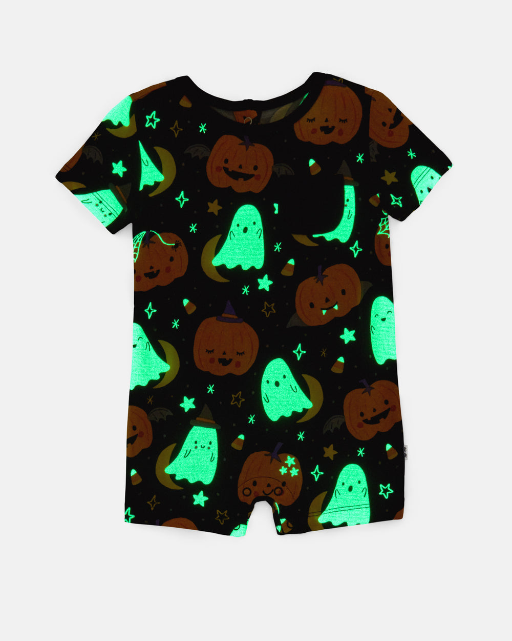Flat lay of the glow in the dark Moonlit Magic Pocket Shorty Romper