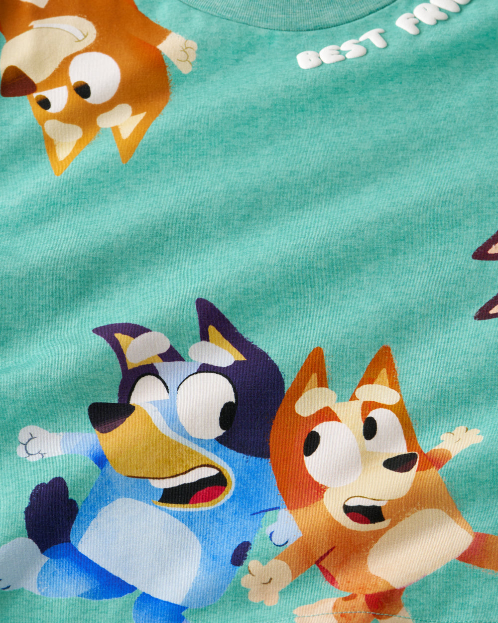 Close up of the Bluey and Bingo graphic on the Bluey Friends Forever Relaxed Tee