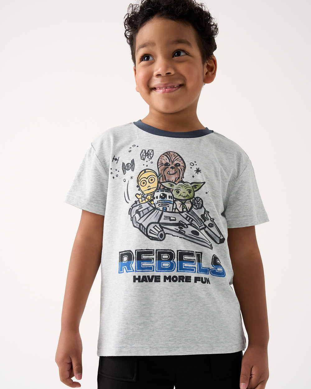 Close up of boy wearing the Star Wars Little Rebels Relaxed Tee