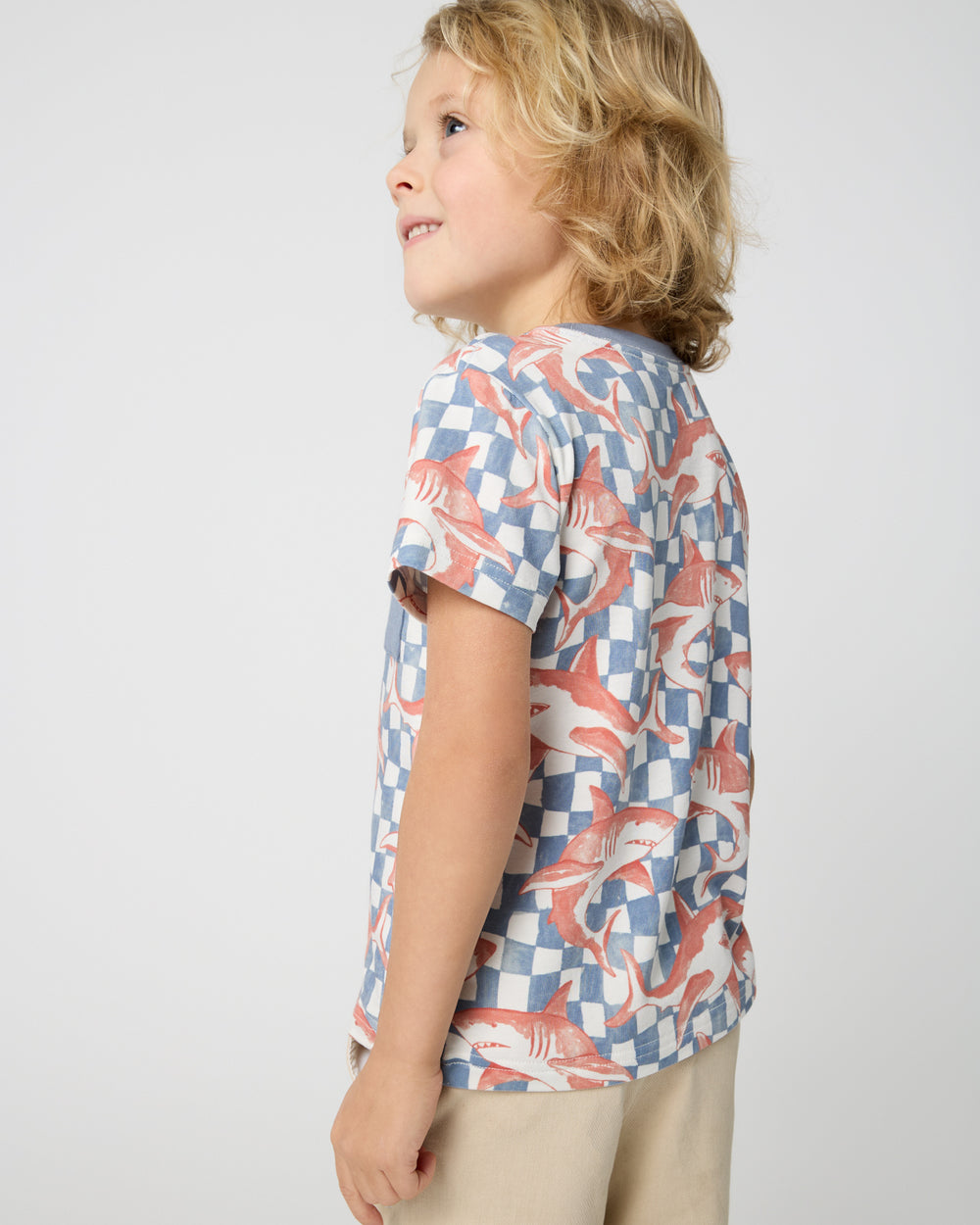 Back view of boy wearing the Shark Fin Checks Relaxed Pocket Tee